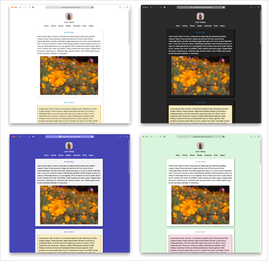 An example screenshot of a blog using the Cards Theme.