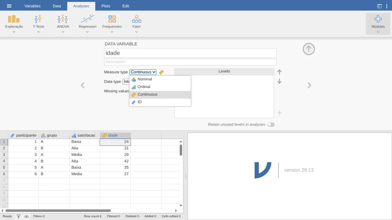 Editor da variável idade no Jamovi mostrando o menu com Nominal, Ordinal, Continuous e ID.