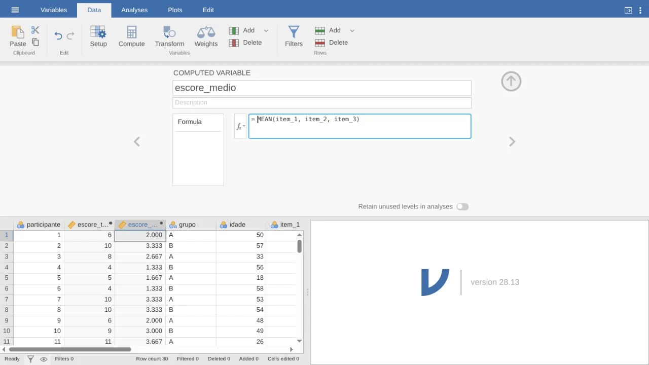 Fórmula MEAN no Jamovi e médias calculadas para os três itens do exemplo.