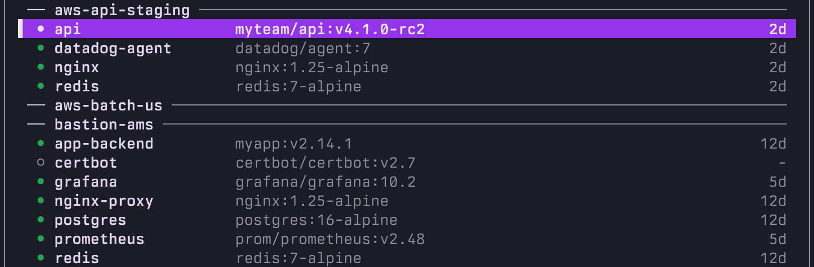 purple Containers tab close-up: containers across multiple hosts grouped per host with state and uptime
