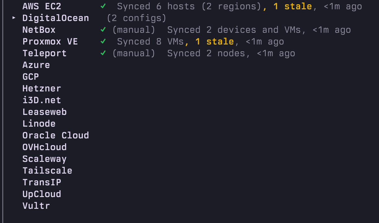 purple cloud provider list close-up: per-provider sync status with host counts and stale markers