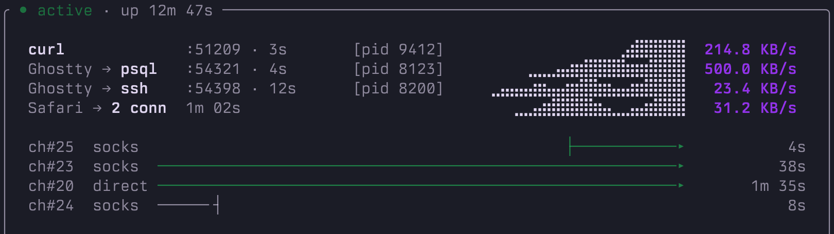 purple tunnel detail close-up: per-client process roster with live throughput sparklines and a channel swimlane
