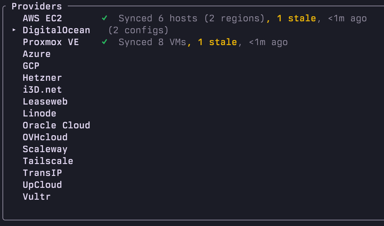 purple cloud provider list close-up: per-provider sync status with host counts and stale markers