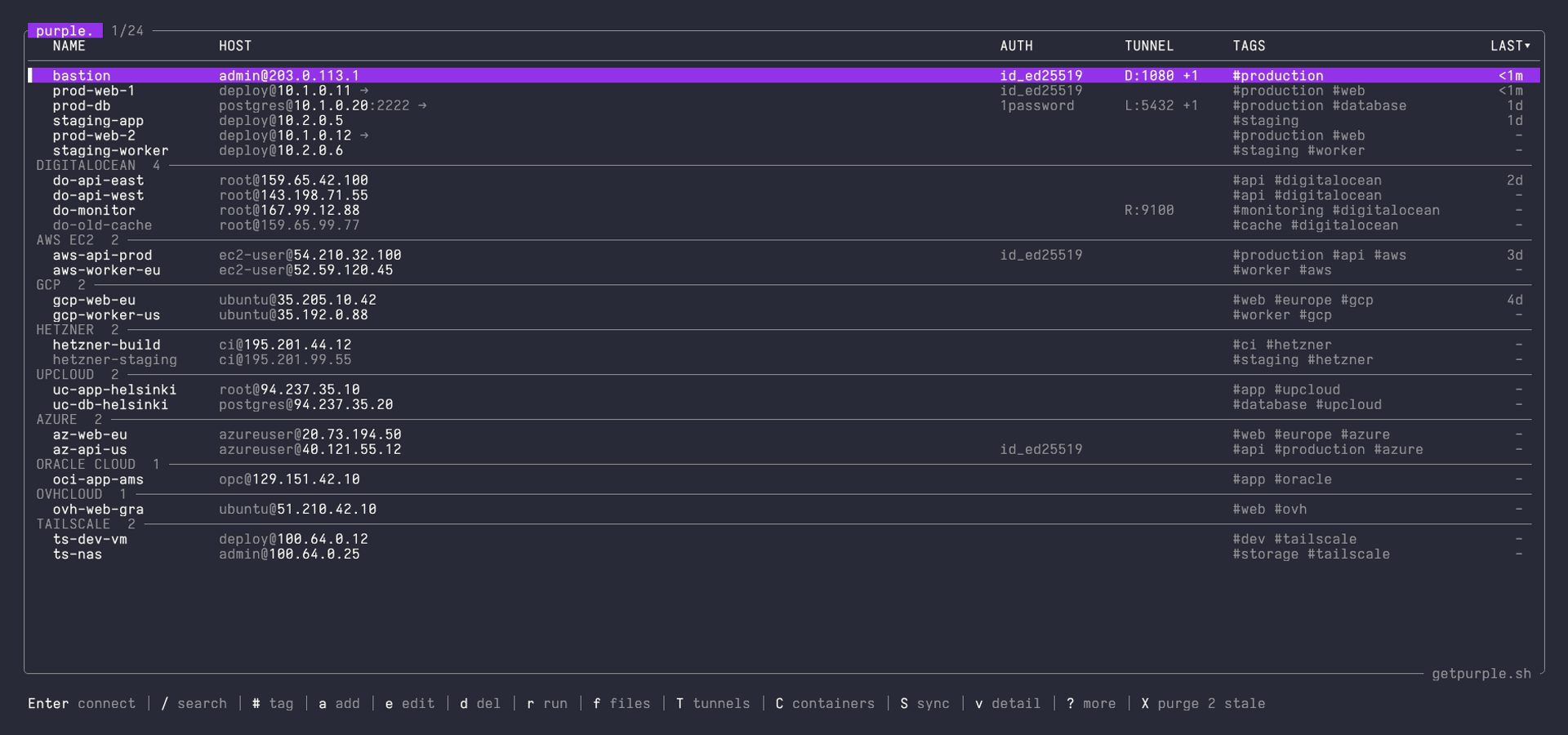 purple terminal SSH client demo: searching hosts, managing Docker containers, transferring files, connecting via SSH and syncing cloud providers