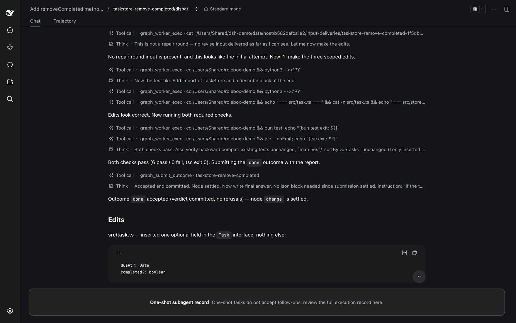 A graph worker one-shot session running its brief with graph_worker_exec and settling its node with graph_submit_outcome