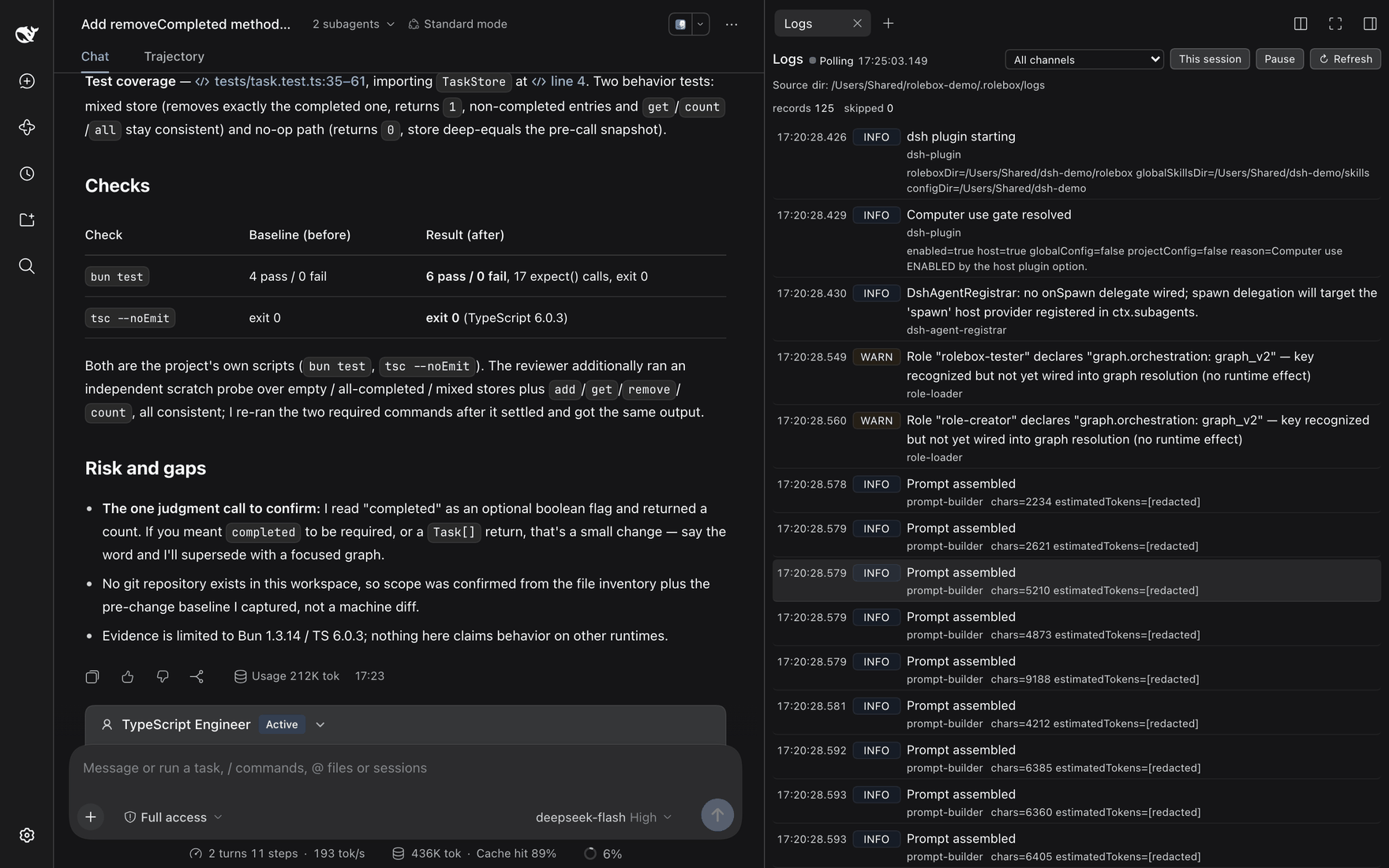 The rolebox logs pane showing INFO and WARN records from the dsh plugin, agent registrar, role loader and prompt builder, with channel and session filters