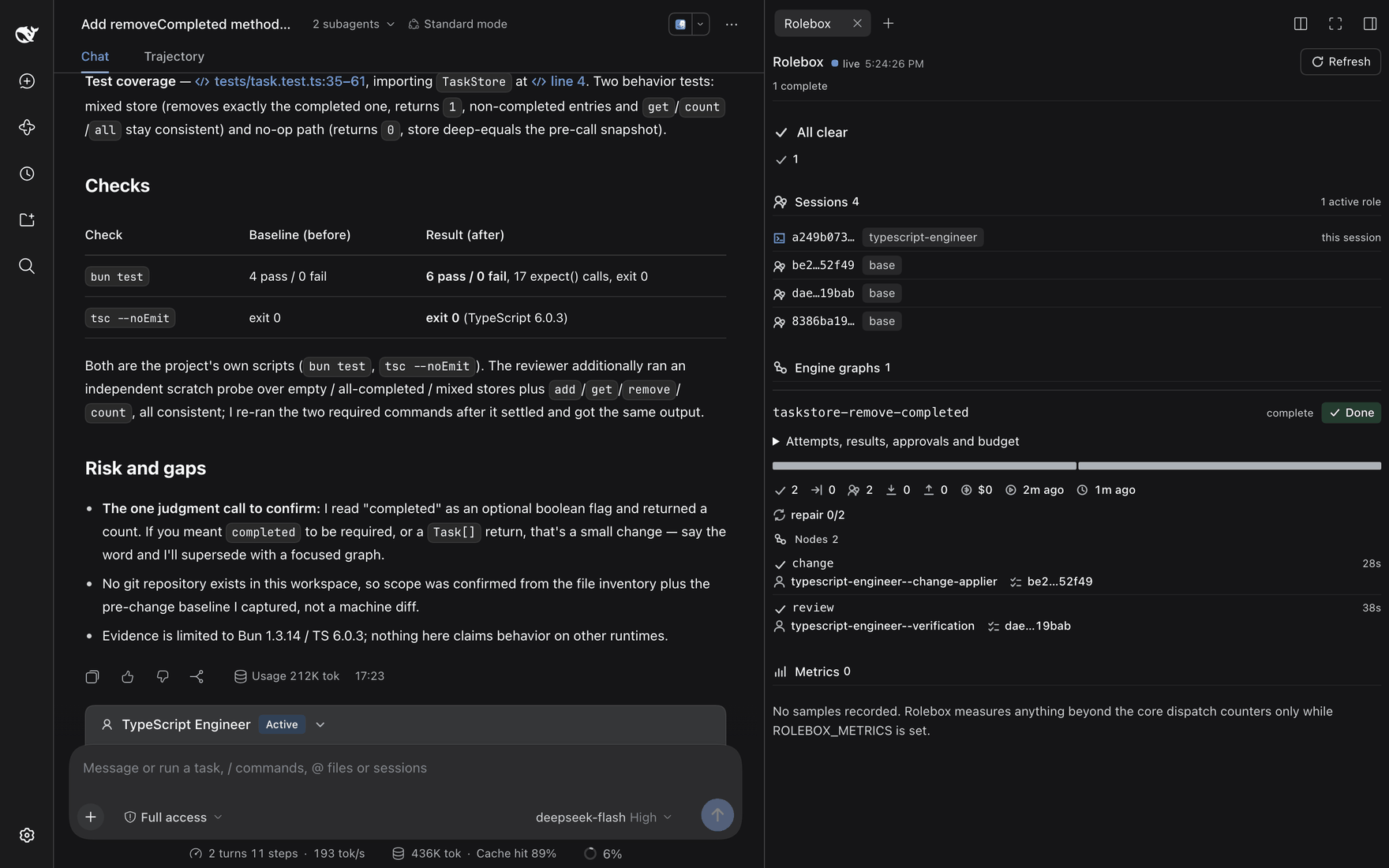 The Rolebox monitor pane showing live sessions with their active role, the engine graph with its node agents and durations, the repair counter and the budget expander
