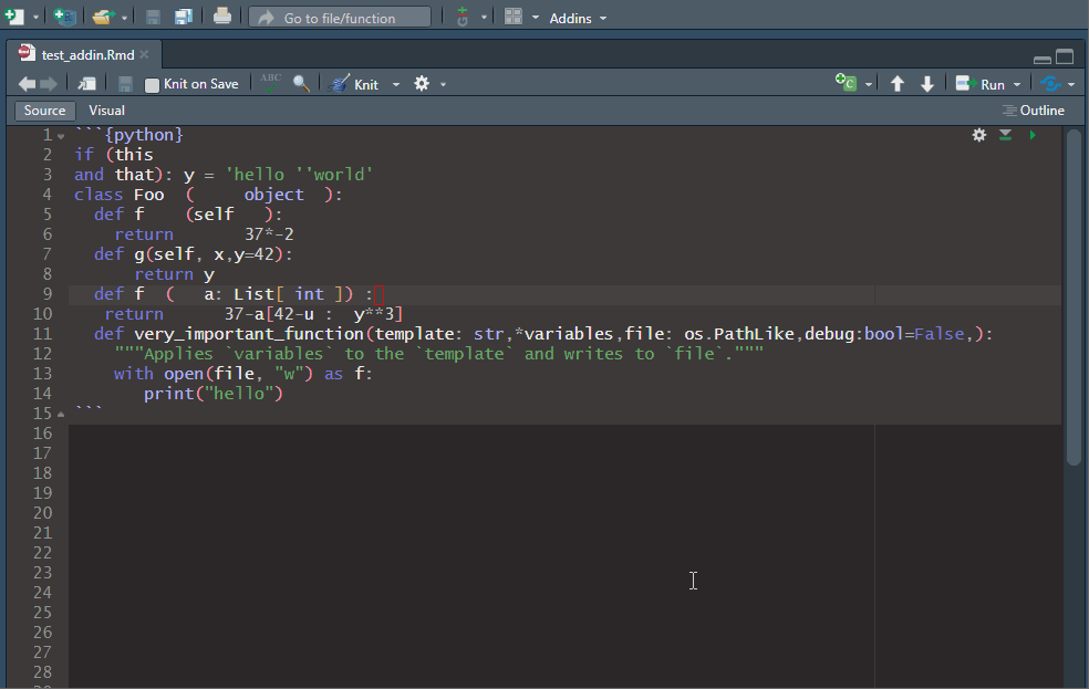 Demo of the pyblack RStudio addin to help format Python code in RMarkdown