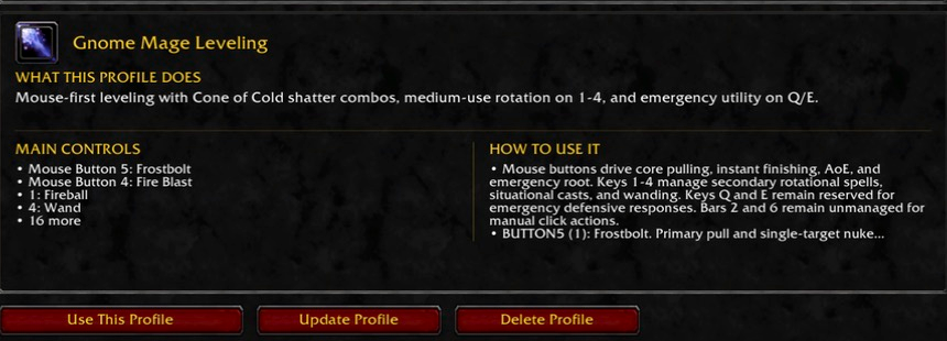 A Mage profile with its main controls and usage notes