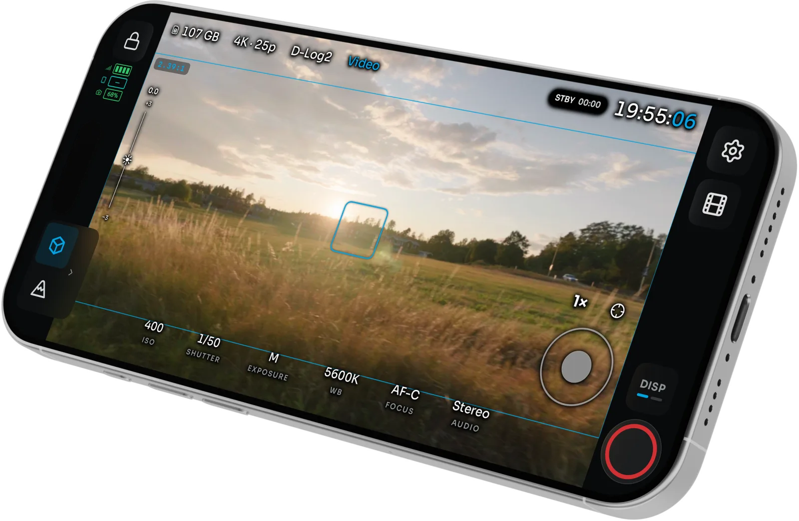 OpenPocketCine live monitor recording on a landscape iPhone