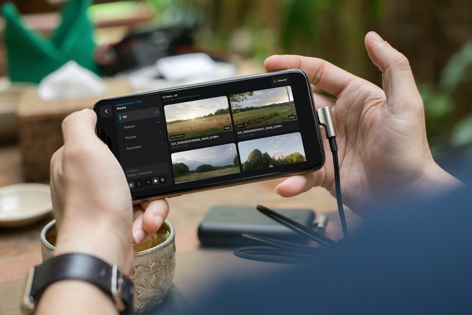 Media library showing clips and photos on iPhone