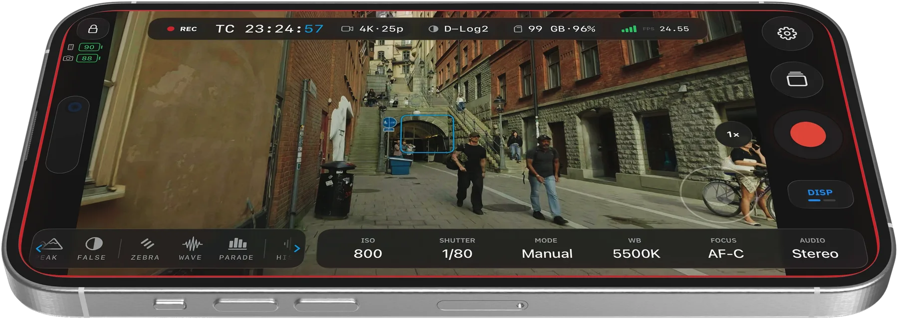 OpenPocketCine live monitor recording on a landscape iPhone