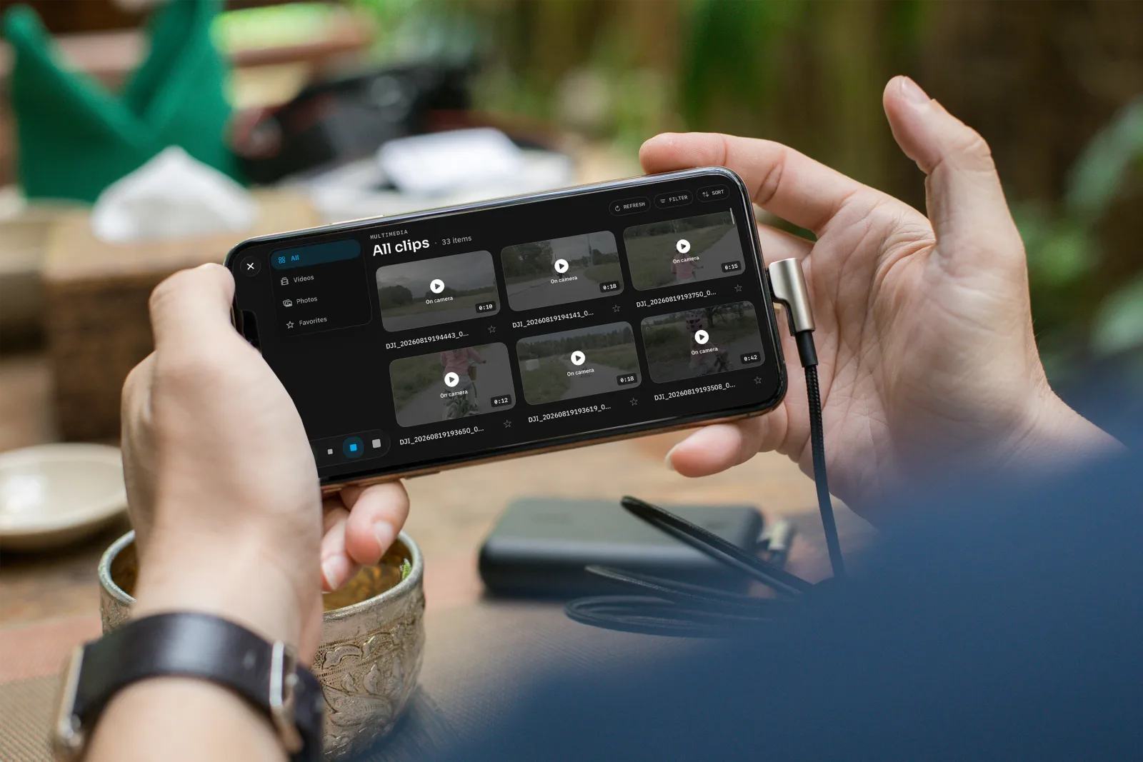 Media library showing clips and photos on iPhone