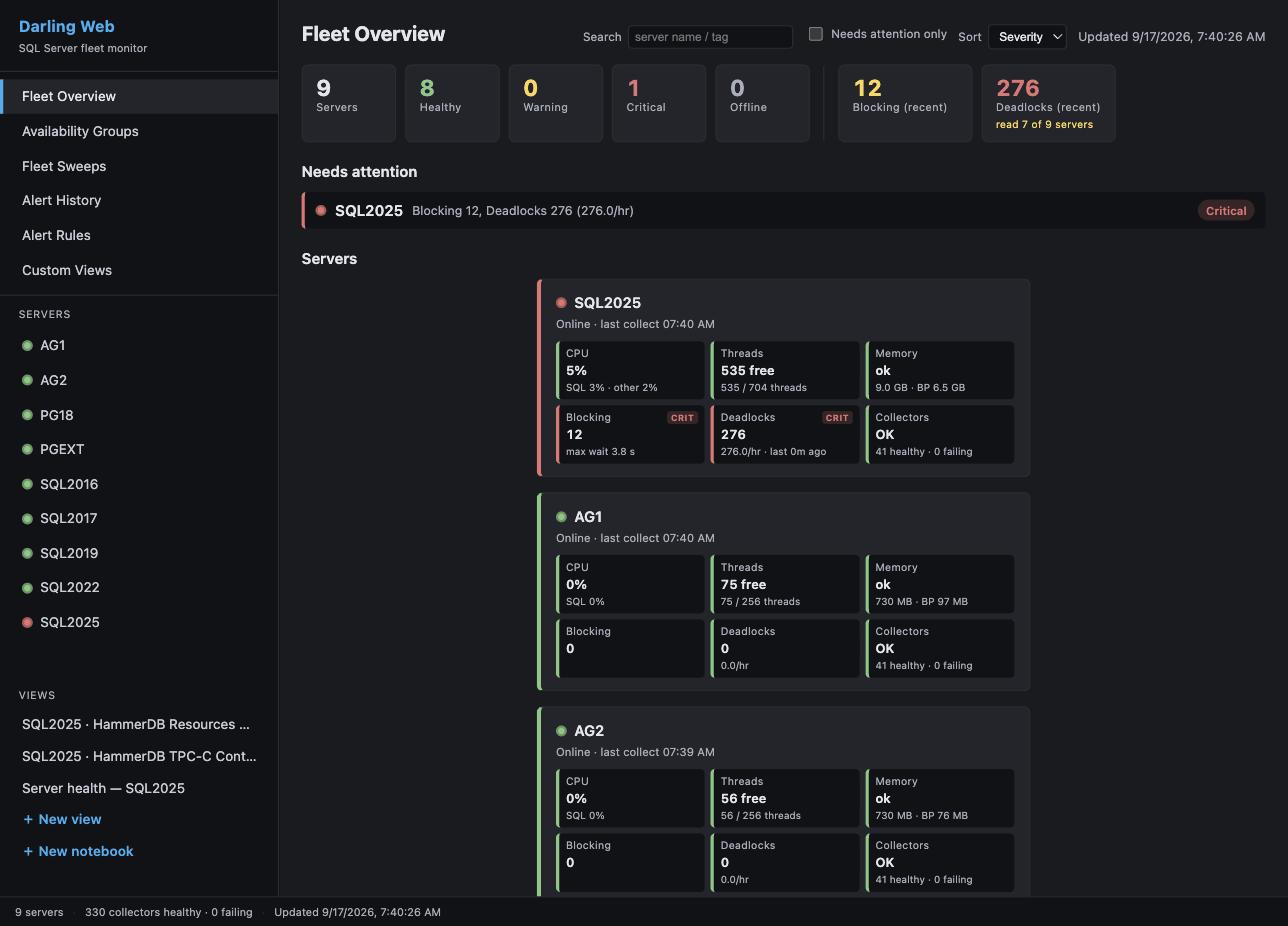 Fleet overview: nine servers at a glance, one flagged Critical with live blocking and deadlocks