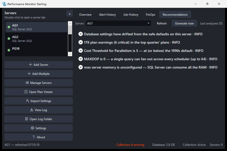 The Recommendations tab: prioritized findings drawn from your own collected metrics, each with the reasoning behind it