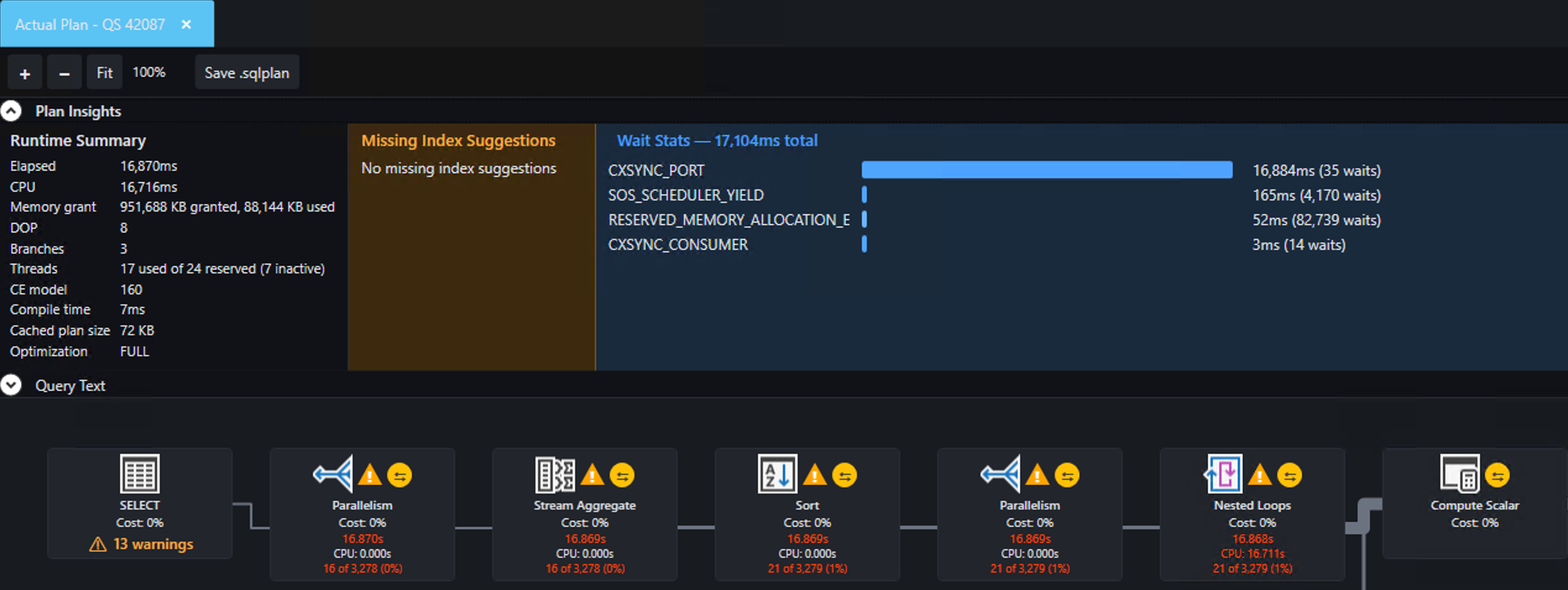 Graphical plan viewer with missing index suggestions and operator analysis