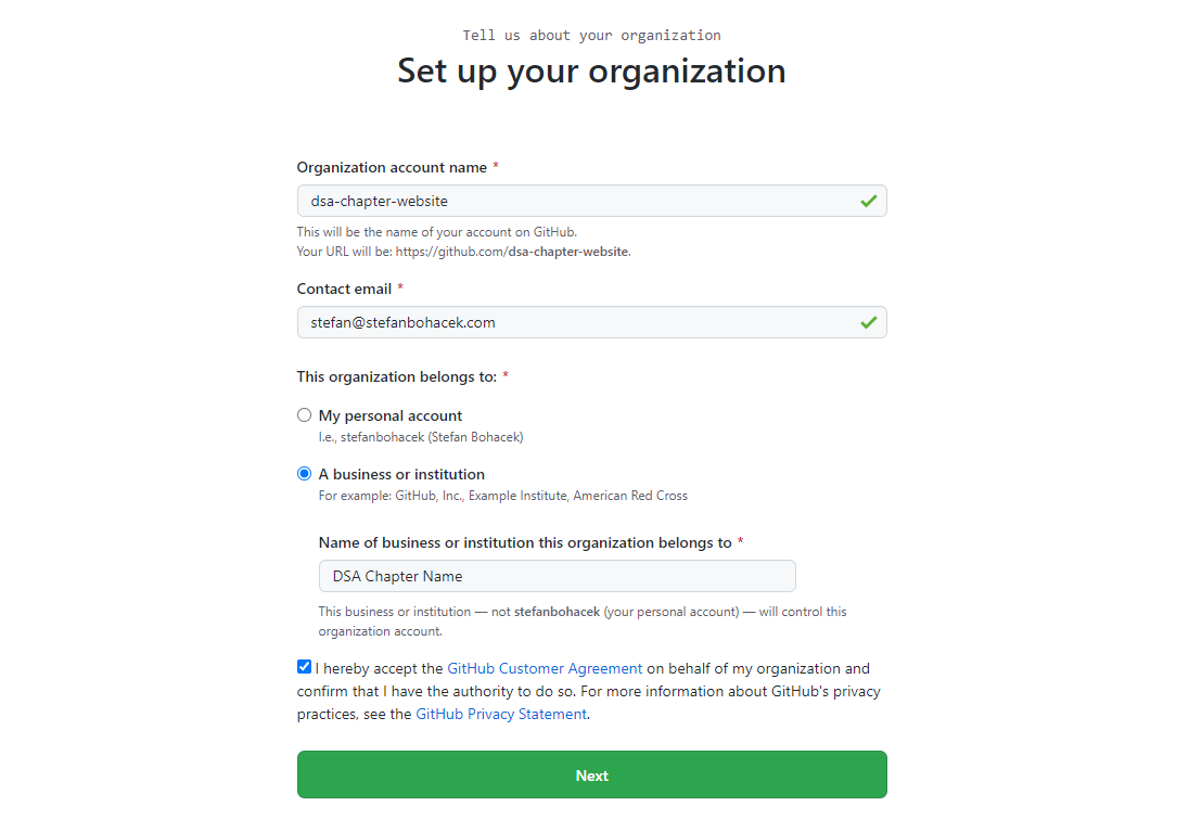 Screenshot of the organization setup page