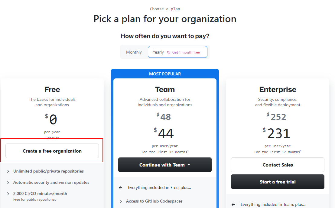 Screenshot of GitHub's "Pick a plan" page when creating a new organization