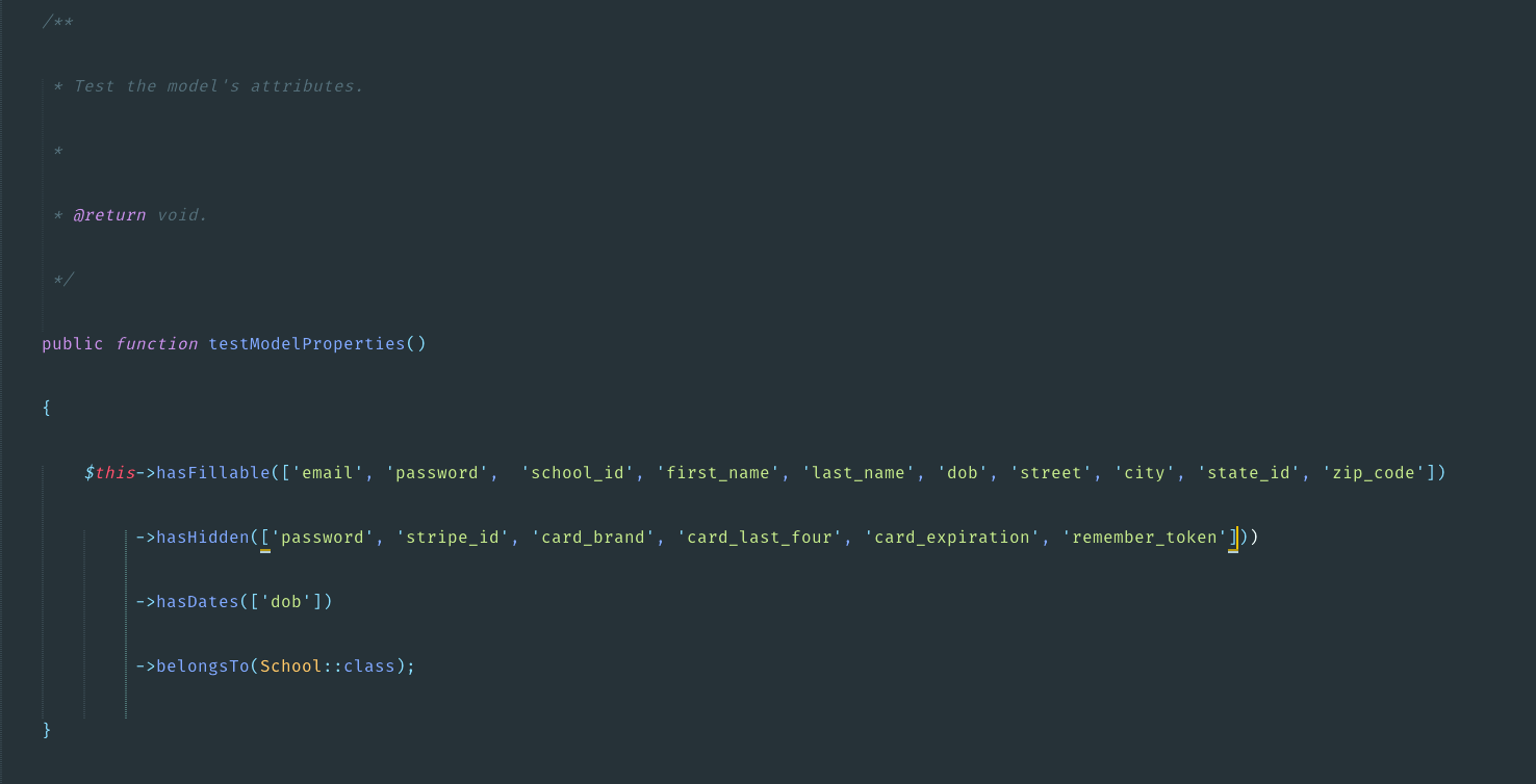 Test an eloquent model's attributes/relationships