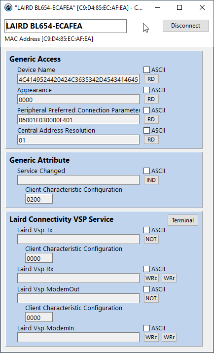 InsideBLue BLE Tool Device Connect Window