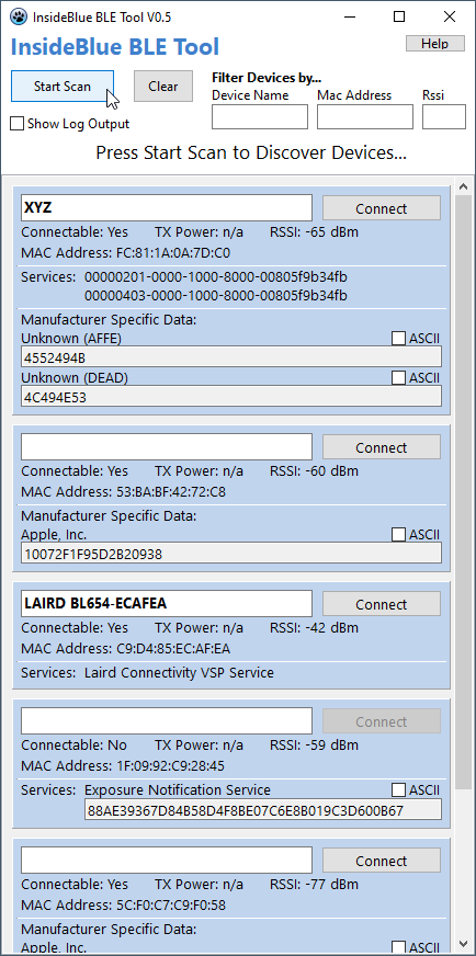 InsideBLue BLE Tool Scan Window