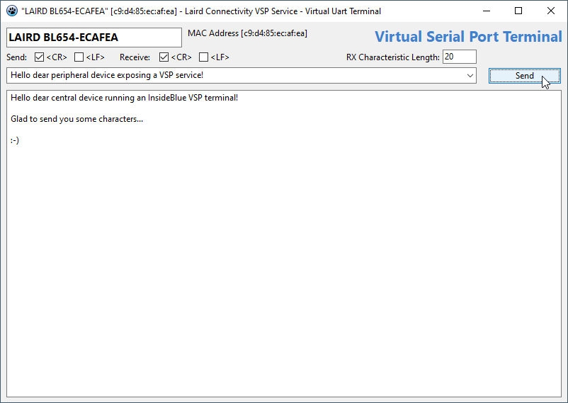 InsideBLue BLE Tool VSP Terminal Window