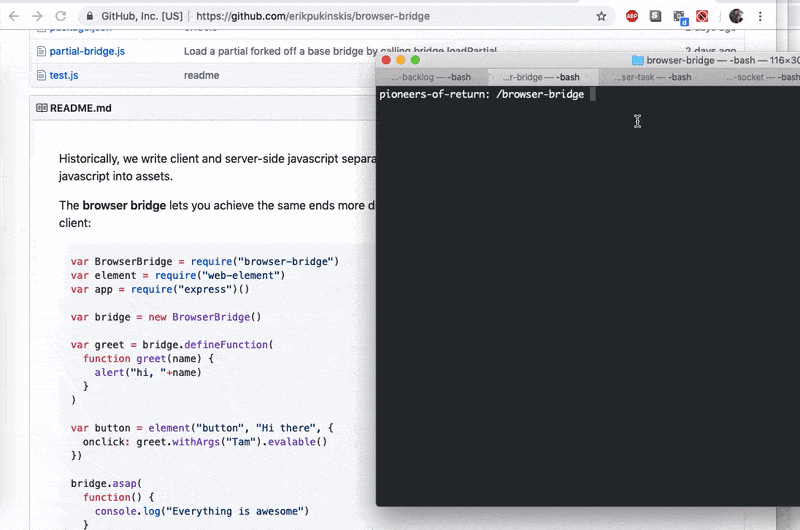 Screencast of running npm start in the browser-task folder in the console, then when the worker opens in the browser, running the browser-bridge tests to demonstrate browser-task doing stuff