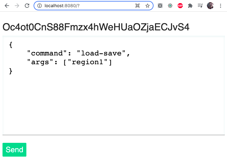 Screenshot of an editable JSON request in a web browser that specifies a command (load-save) and some args ([region1]) with a Send button