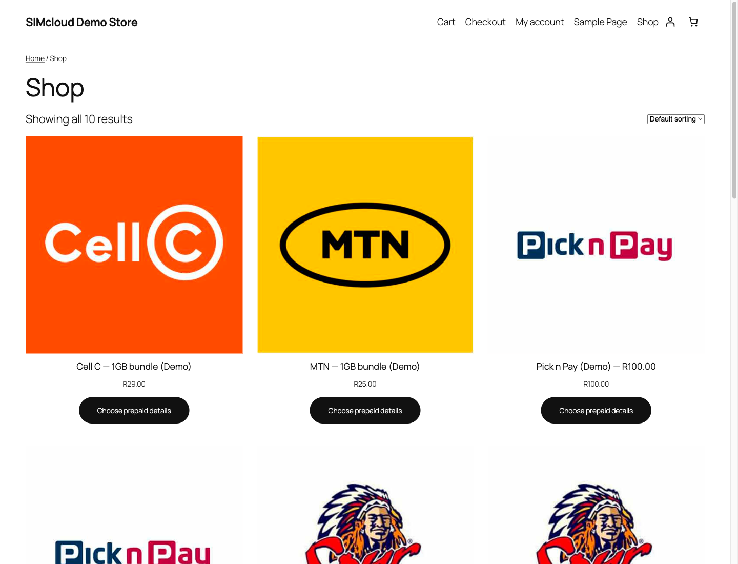 WooCommerce storefront populated automatically with network and VAS products and their local brand logos