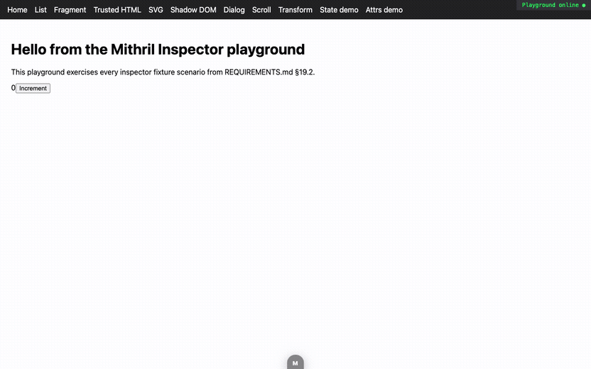 Mithril Inspector: picking a component, drilling into its rendered DOM via the Elements tab, watching its attrs/state History timeline, and the redraw-flash visualization