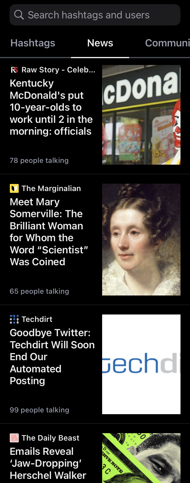 Mastodon news feed in iOS sidebar