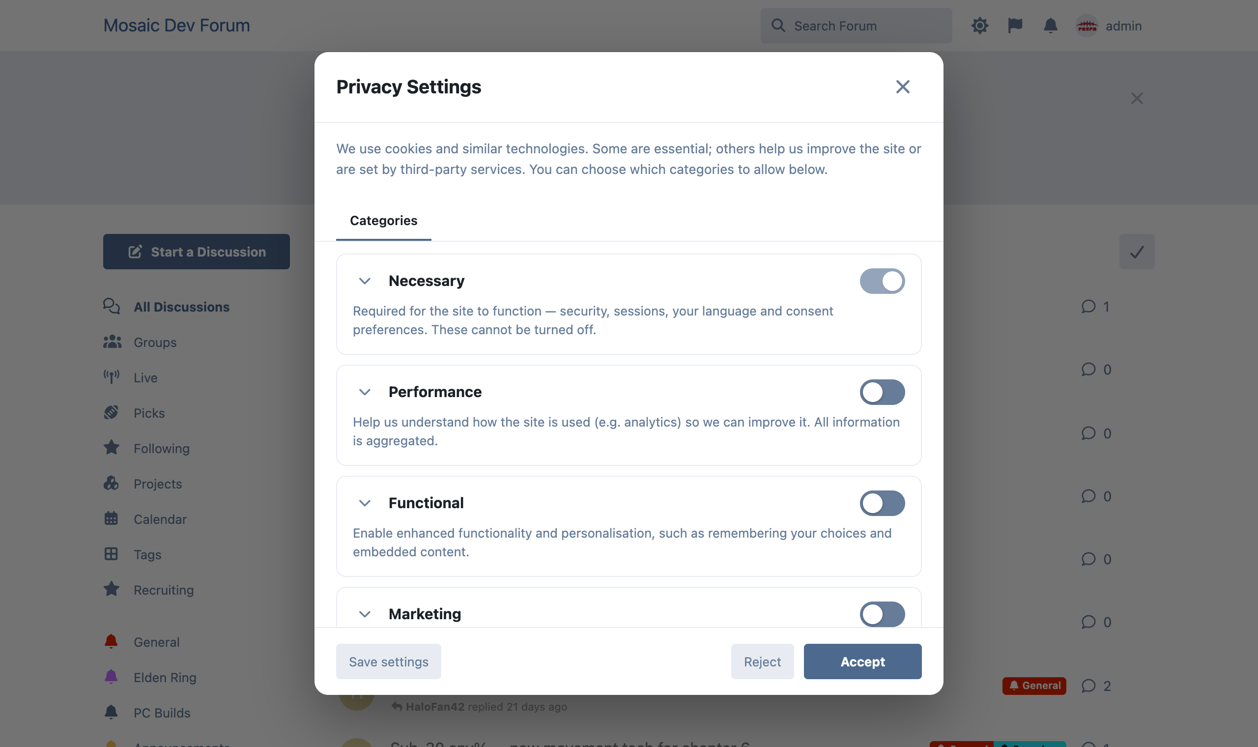 Privacy settings modal
