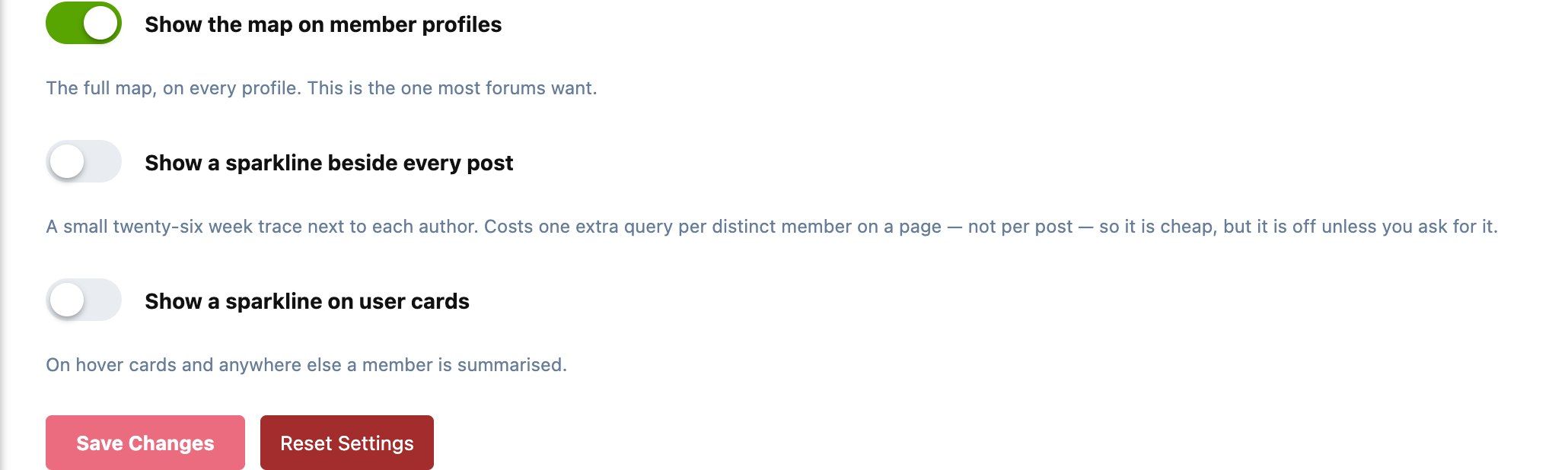 Cadence's settings: the map on profiles, a sparkline beside posts, and one on user cards