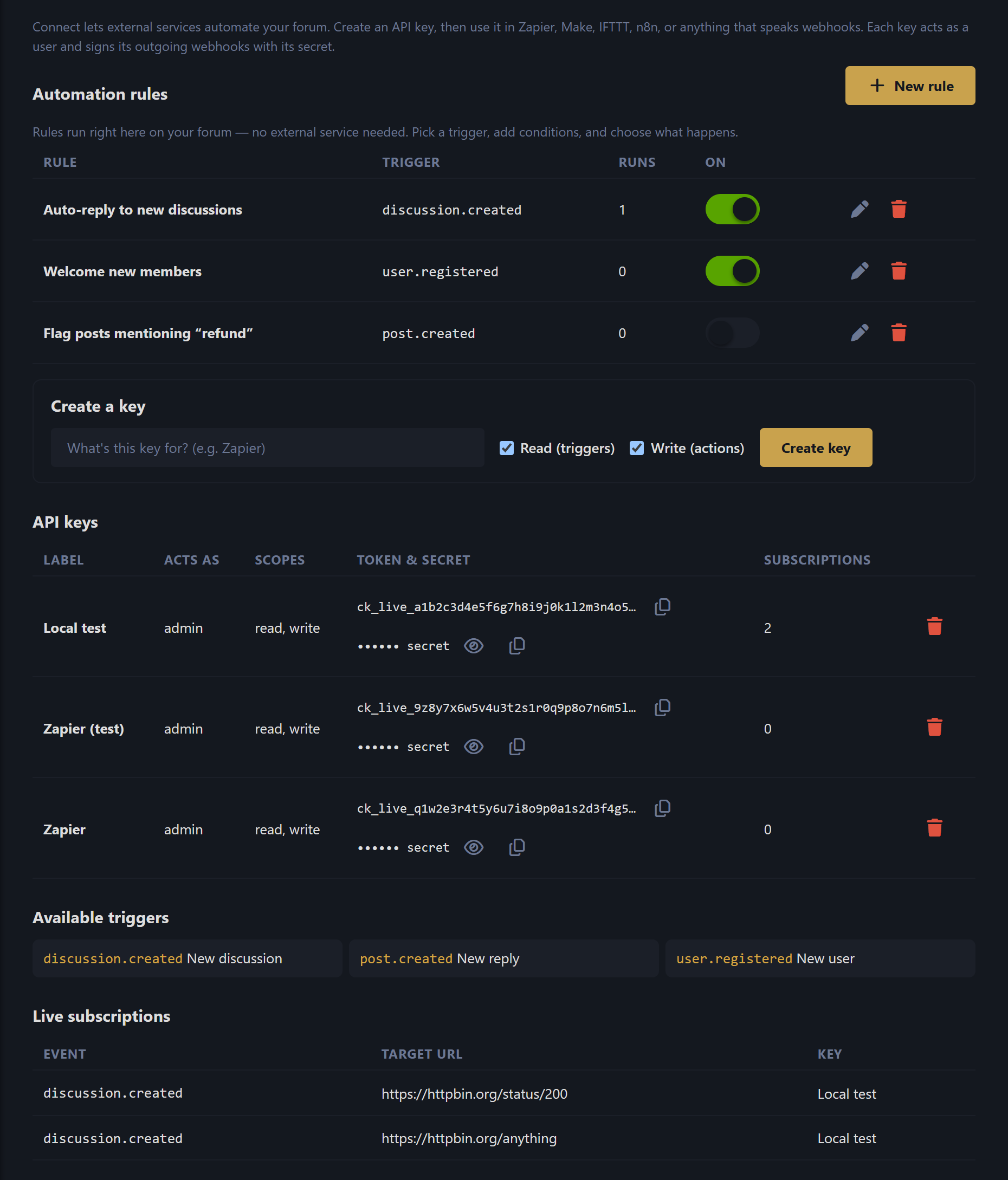 The Connect admin page — automation rules, API keys, triggers and live subscriptions