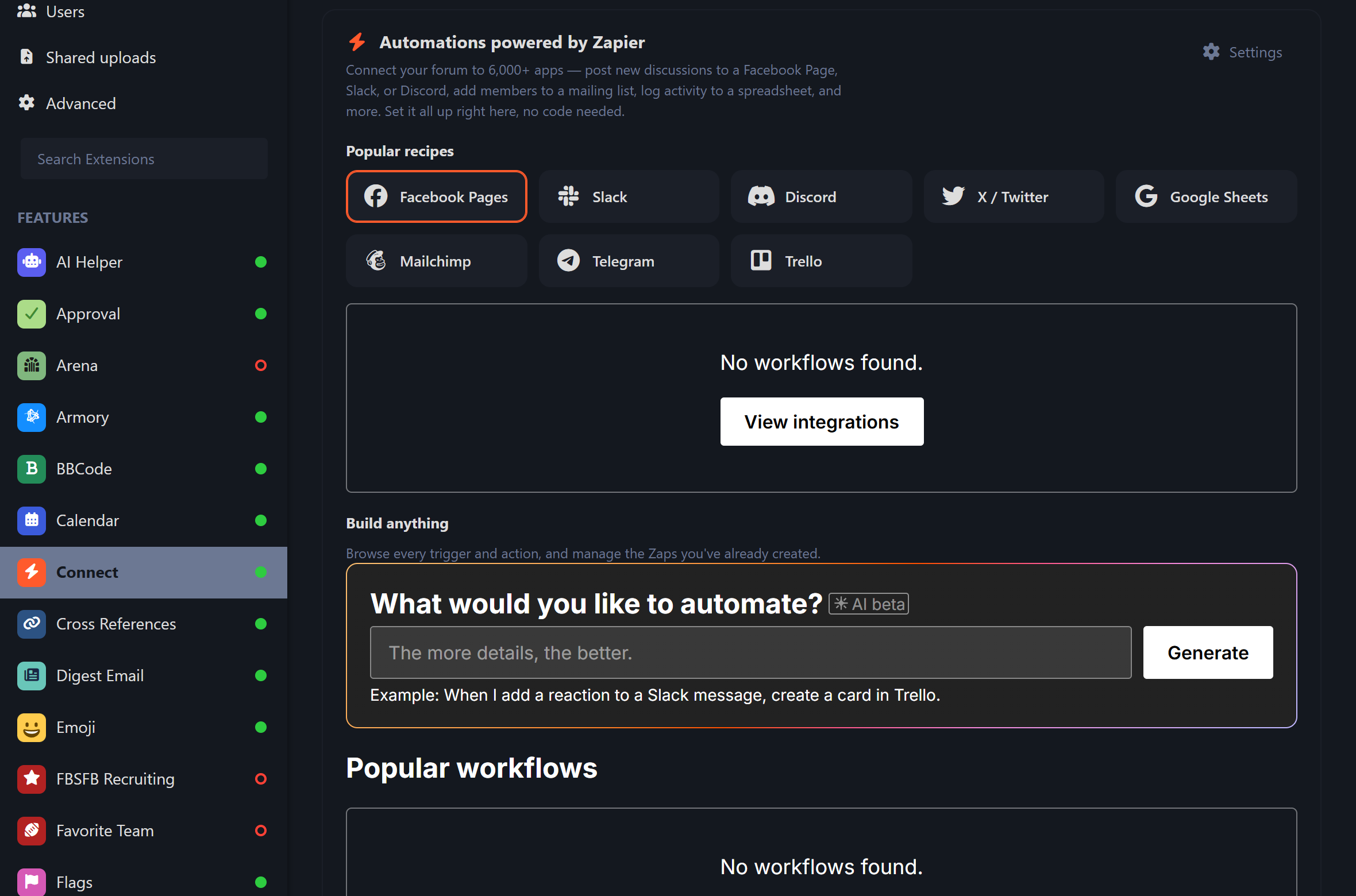 The in-admin Zapier experience — curated recipes plus the full Zap builder