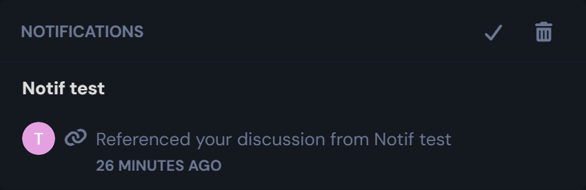 Notification dropdown showing "Referenced your discussion from Notif test"