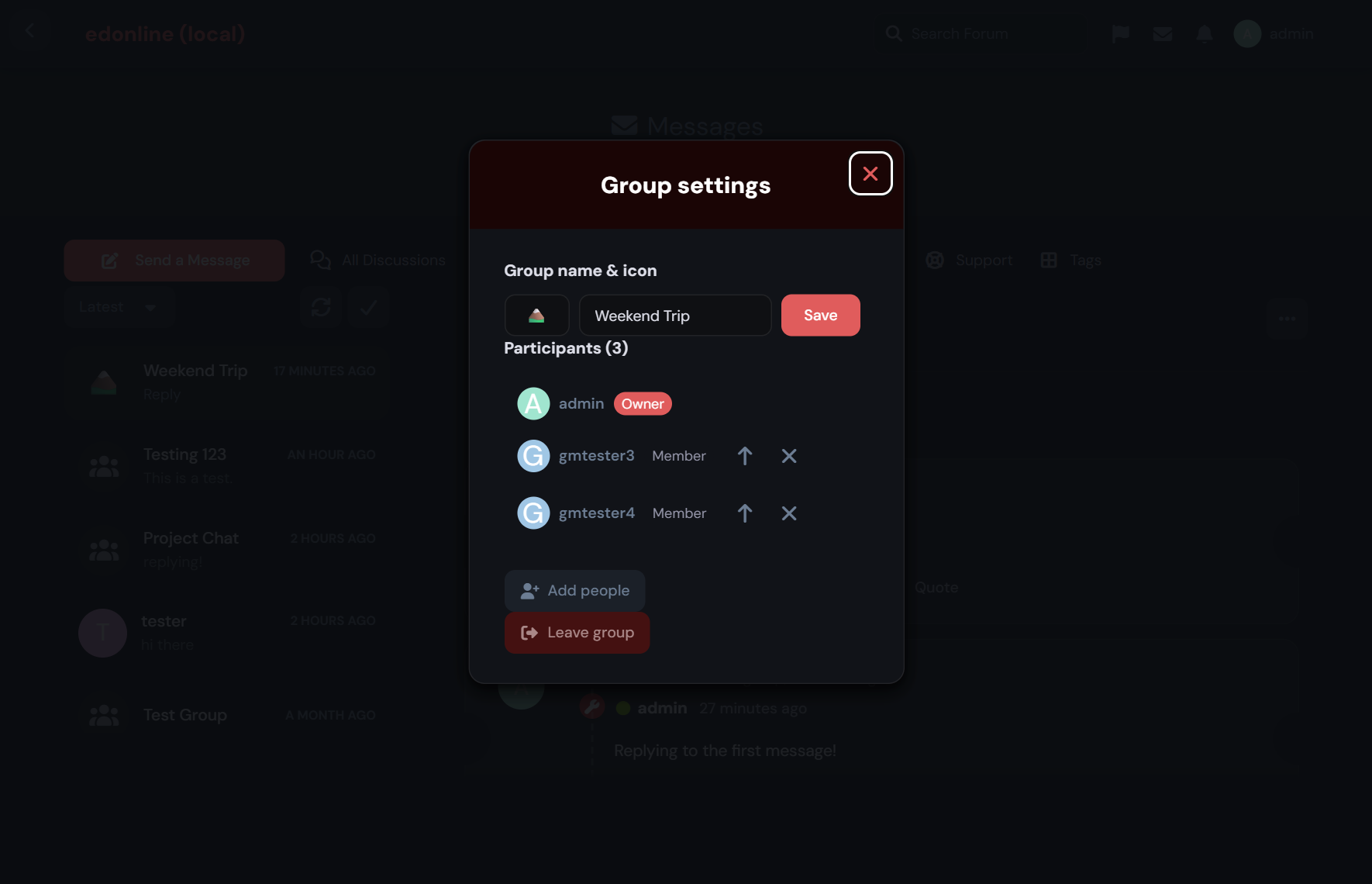 The group settings modal