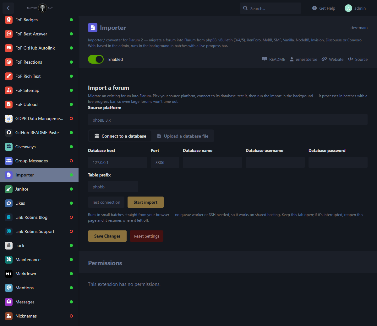 Importer admin β connection wizard