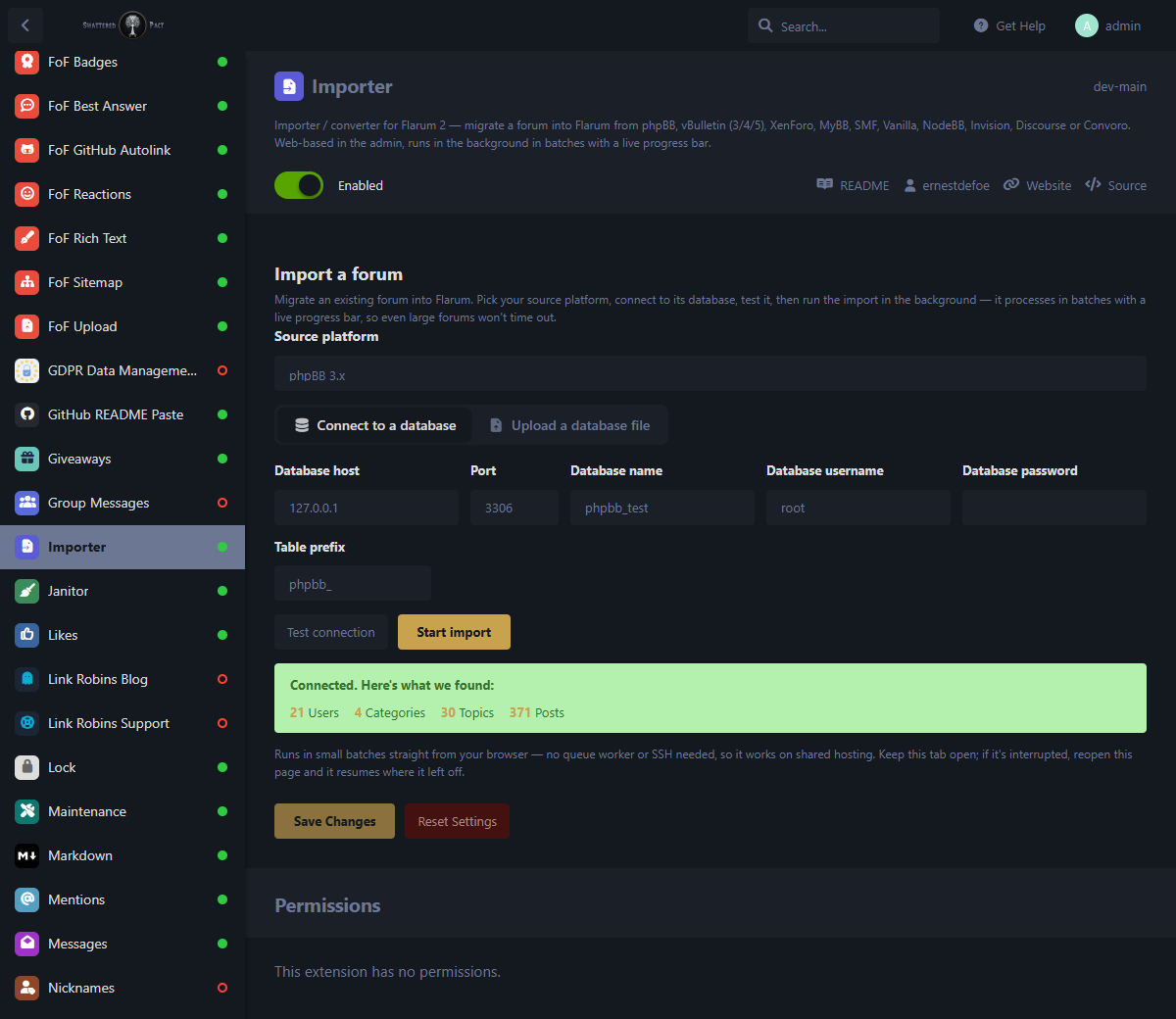 Importer admin β successful connection test with row counts