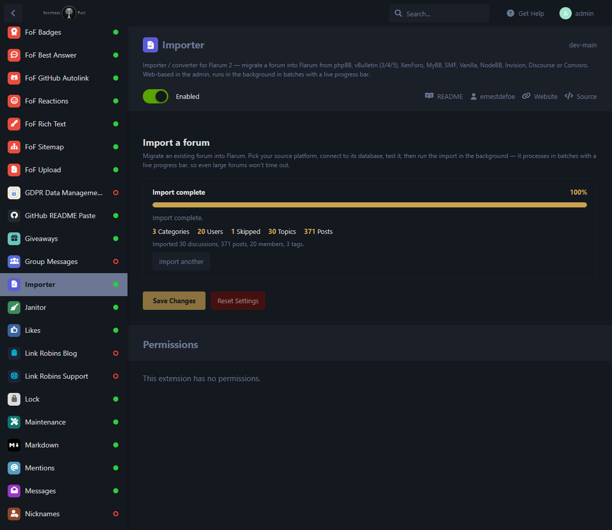 Importer admin β completed import summary