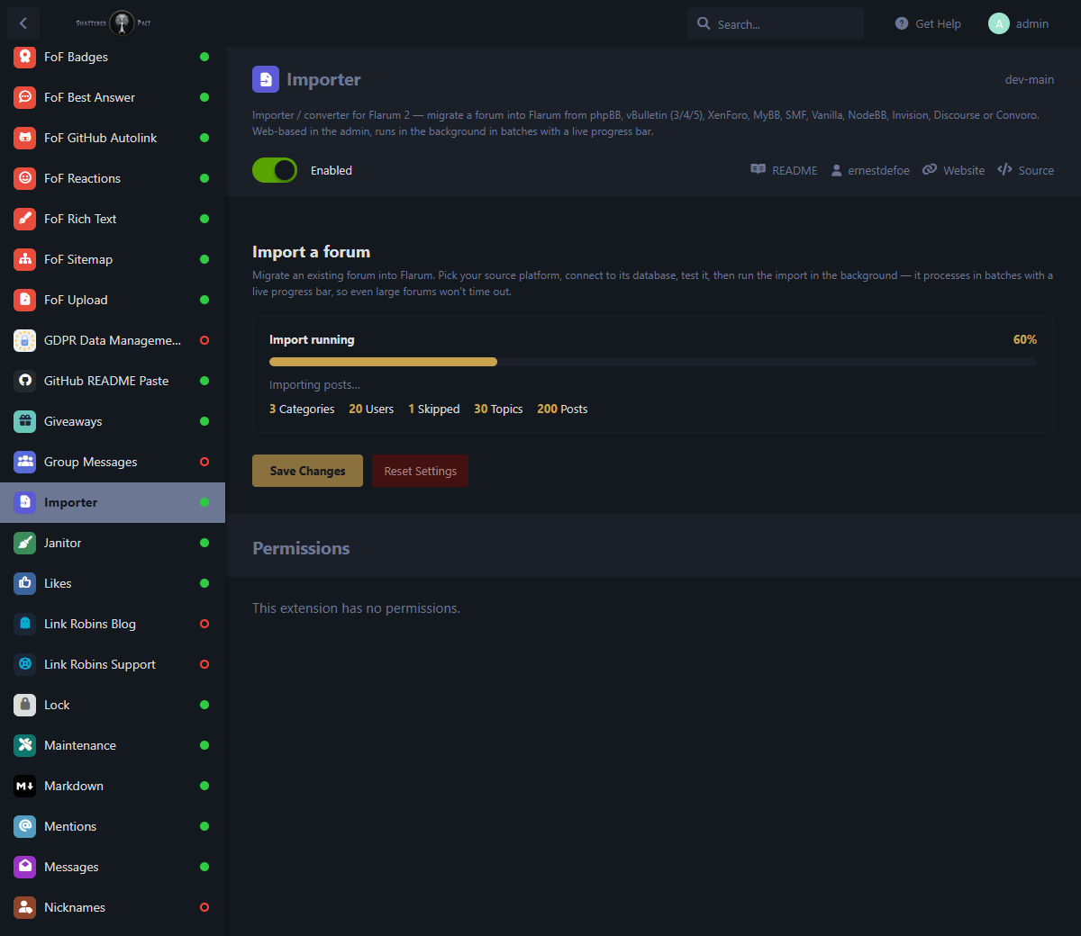 Importer admin β live progress bar with running totals