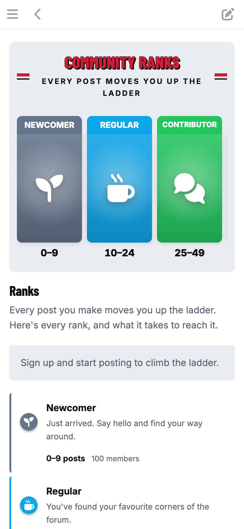 The Ranks page on a phone