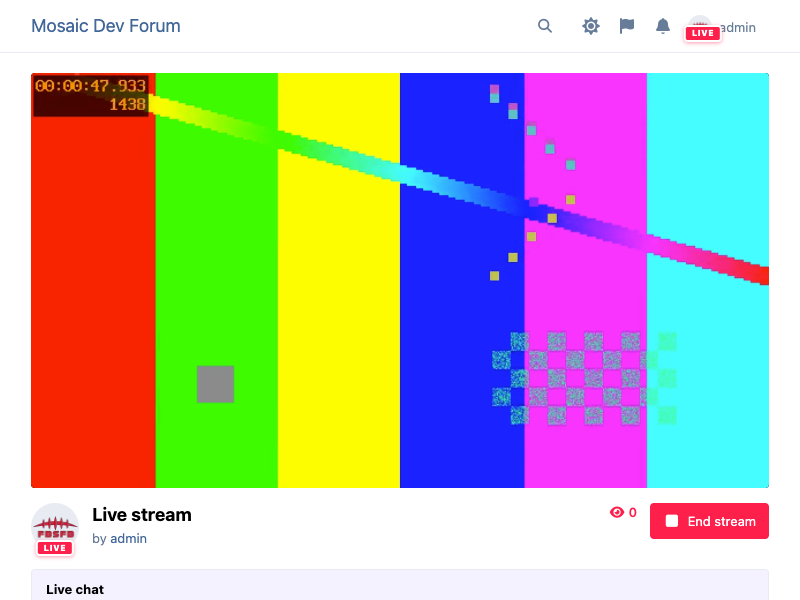 OnAir+ playing a live RTMP→HLS stream in the forum with the live chat panel