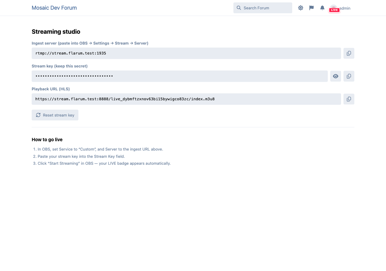 OnAir+ streaming studio showing the ingest server, masked stream key and playback URL