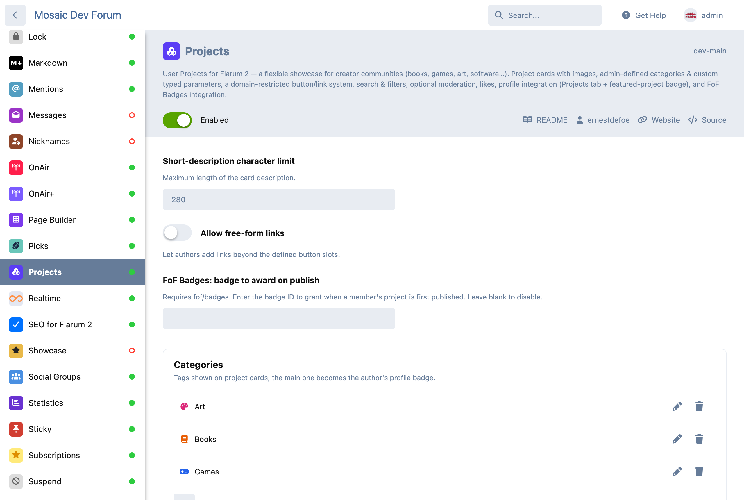 Admin: categories, fields & buttons