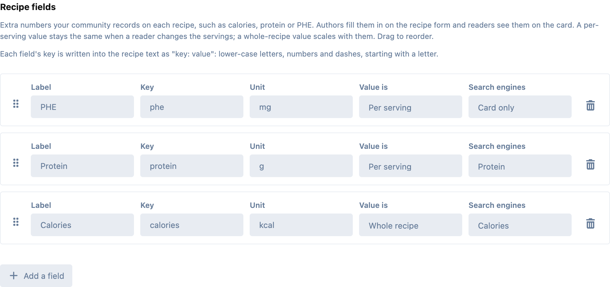 Defining fields in the admin panel