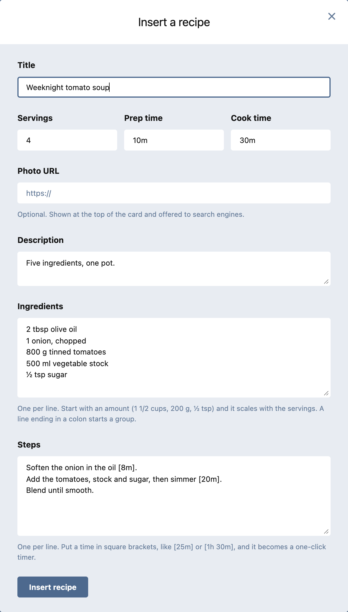 The recipe form