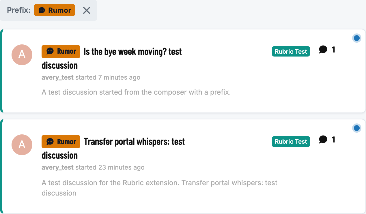 The discussion list filtered to Rumor, with a removable "Prefix: Rumor" chip