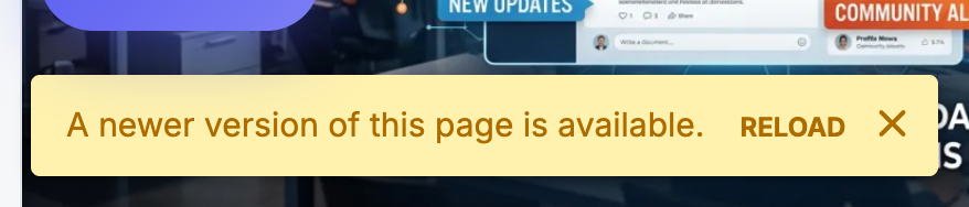 Without Seamless Refresh: Flarum core's yellow "A newer version of this page is available. Reload" alert across the page