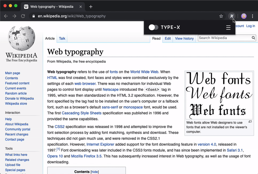 Type-X in use to apply font overrides to Wikipedia